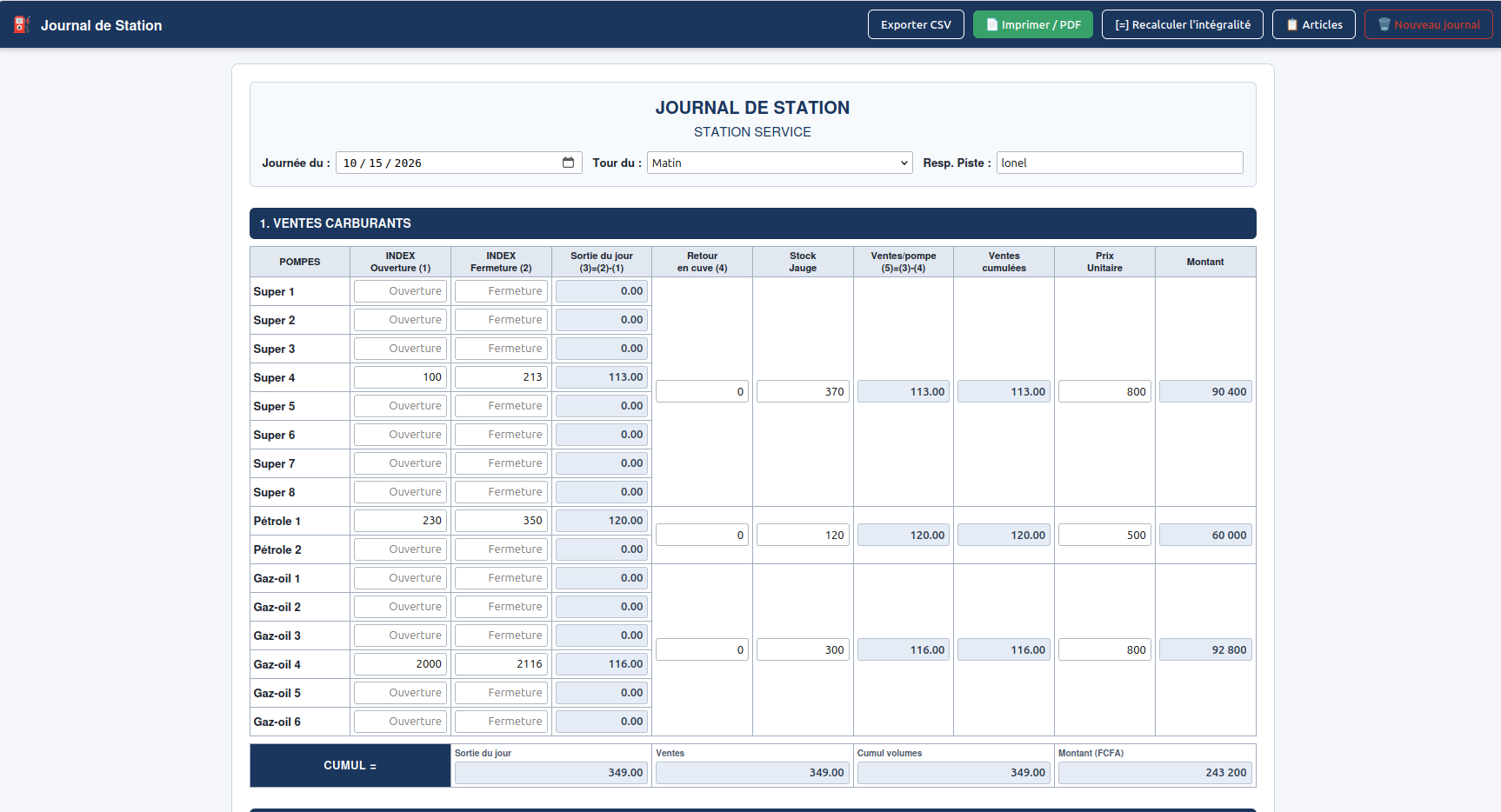 Capture d'écran de l'application Journal de Station - Saisie facile des ventes carburants avec calculs automatiques